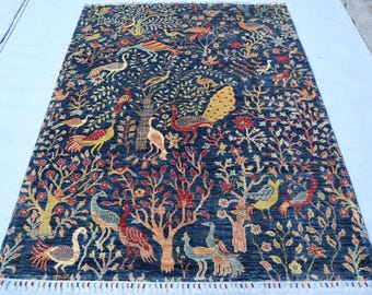 5x6 ft Blue Tree Gabbeh Rug, Tribal Afghan Handmade Tree of Life, Birds Wool Rug, Rugs for living room - Bedroom rug, nature home decor kids