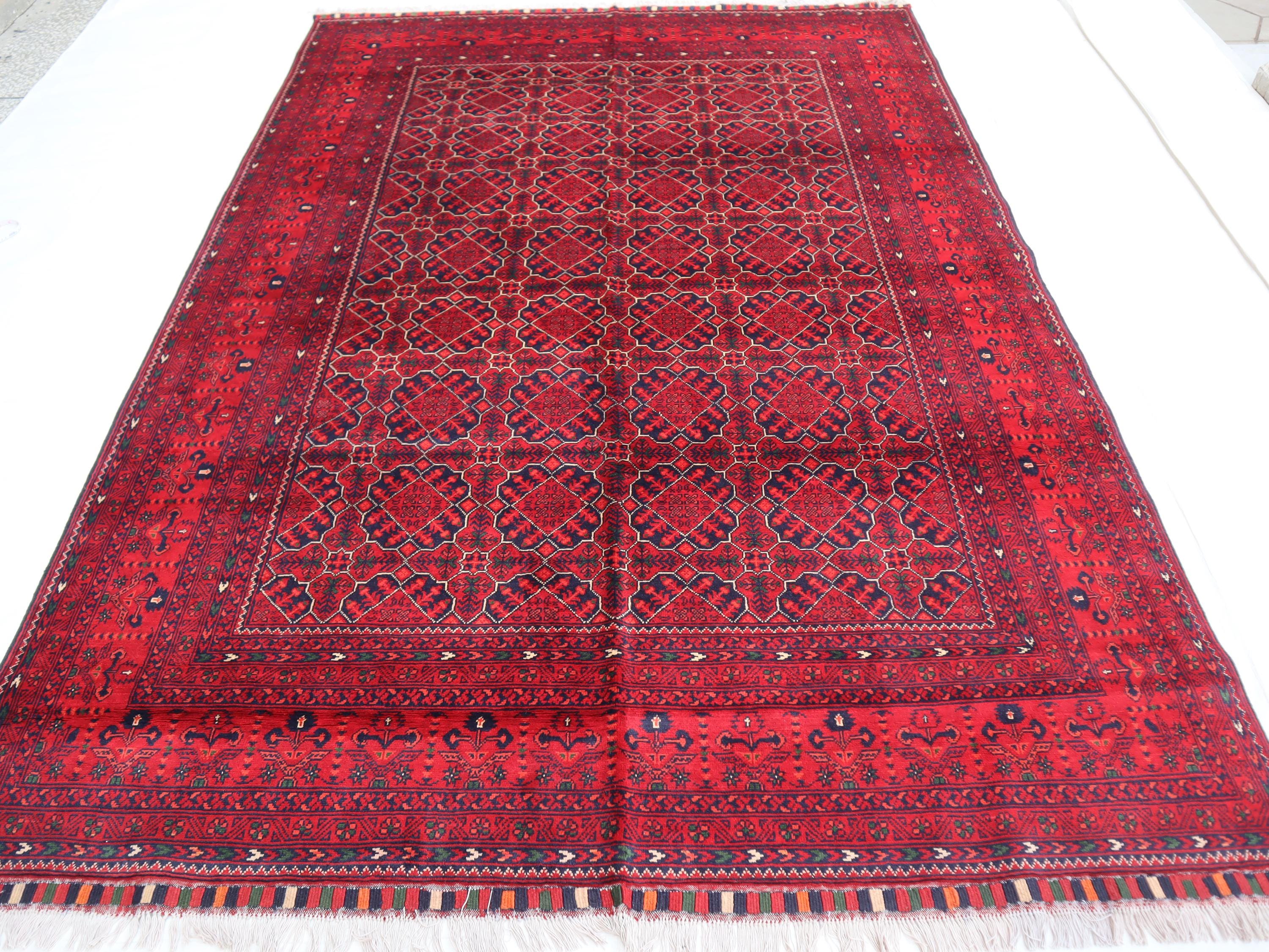 6x9 レッドブルー手織りラグ、大型トルクメンアンティークメダリオン