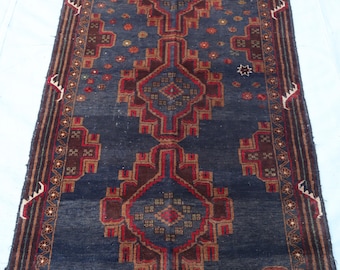 1960s Vintage Rug 3x6, Afghan Handmade Wool High Pile Blue Brown, Oriental Baluchi Geometric Area Rug, Turkmen Tribal Living Room Carpet