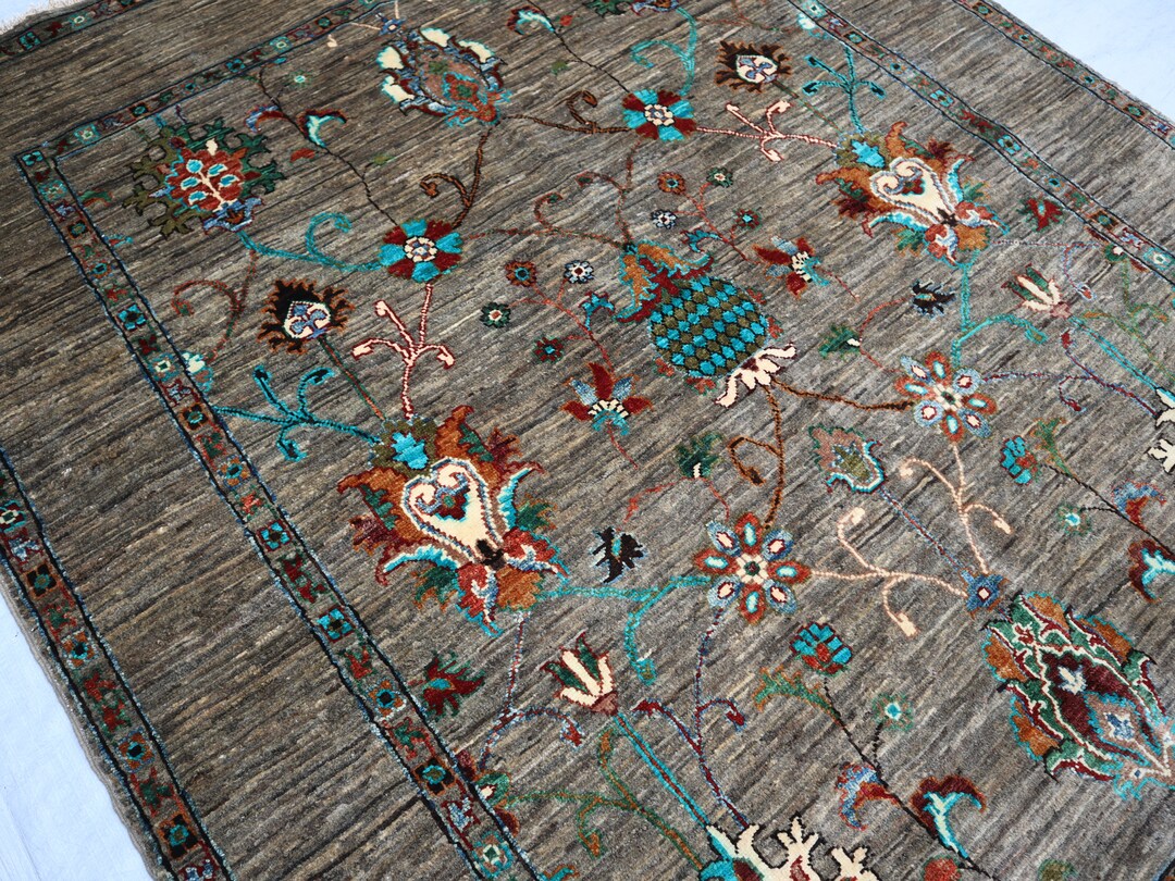 5x6 Afghan Handmade Flower Rug, Natural Wool Gray Red Turquoise Rug ...