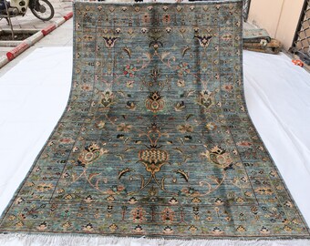 5x7 ライトブルー アフガン チョビ ラグ、グレー テラコッタ