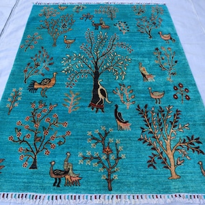 5x6 Afghan Pictorial Rug, Turquoise Soft pile Tree of Life Rug, Handmade Peacock Birds Rug, Wool Art Oriental Rug, Kids Room Rug, Animal Rug