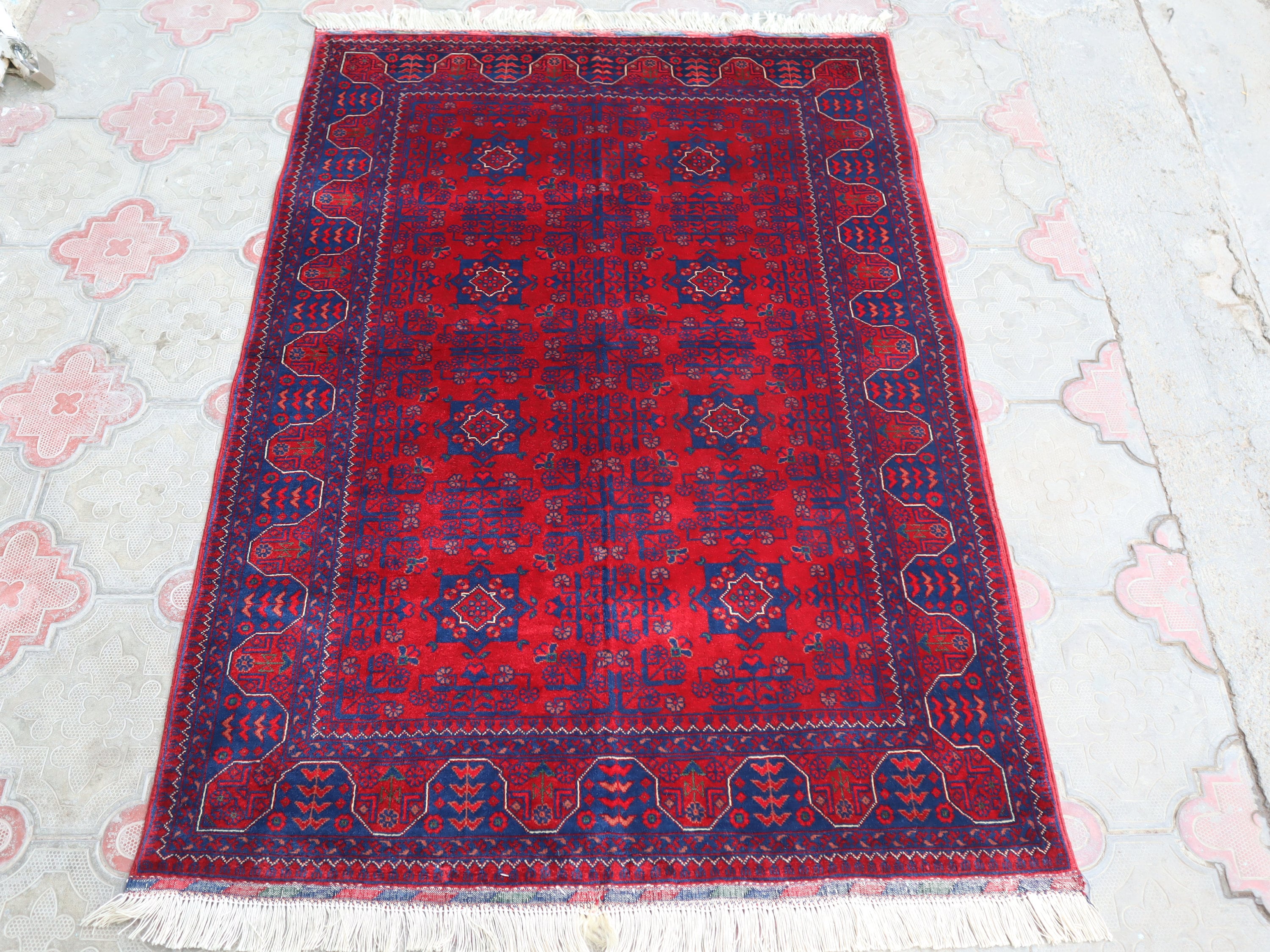 3x5 Afghan Bukhara Vintage Rug, Turkmen Red Fine 160 Kpsi