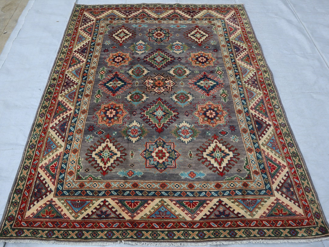 5x6 Gray Red Kazak Rug, Handmade Afghan Knotted Vege Dye Wool Rug, Boho ...