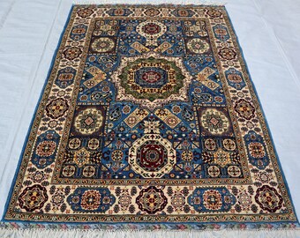 Alfombra de área mameluca azul suave de 5x6, alfombra turca de lana de tinte vegetal natural anudada a mano fina, alfombras para sala de estar - alfombra de dormitorio 4x6, alfombra oriental