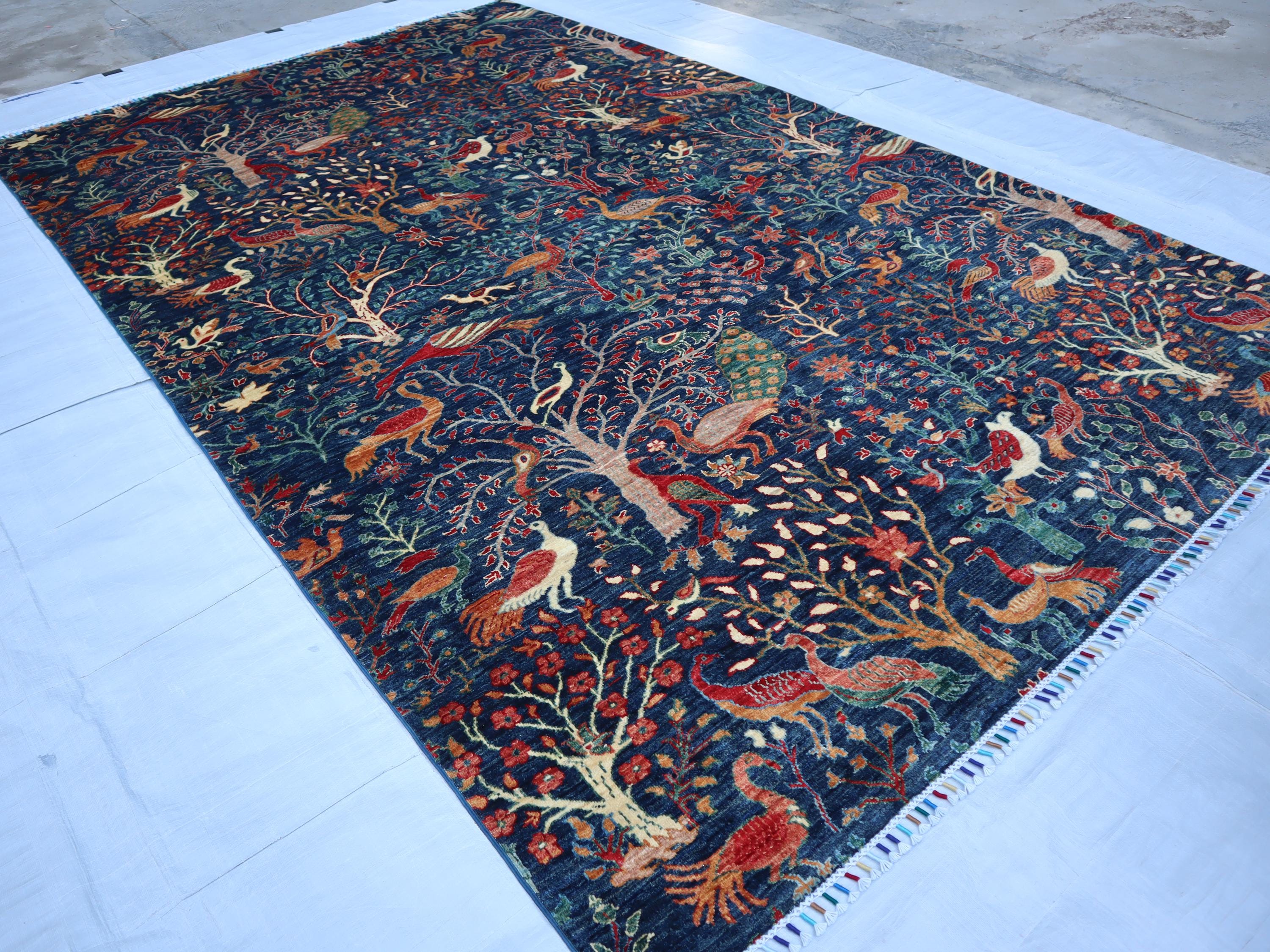 7x12 Rug 7x12 Navy Blue Tree of Life Rug, Fine Handmade Pictorial Rug, Turkmen ...