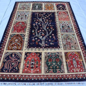 5x7 Tree of Life rug, Gabbeh Pictorial Rug, Navy Blue Beige orange red Handknotted Afghan Baktiari Traditional Oriental Living Room wool rug