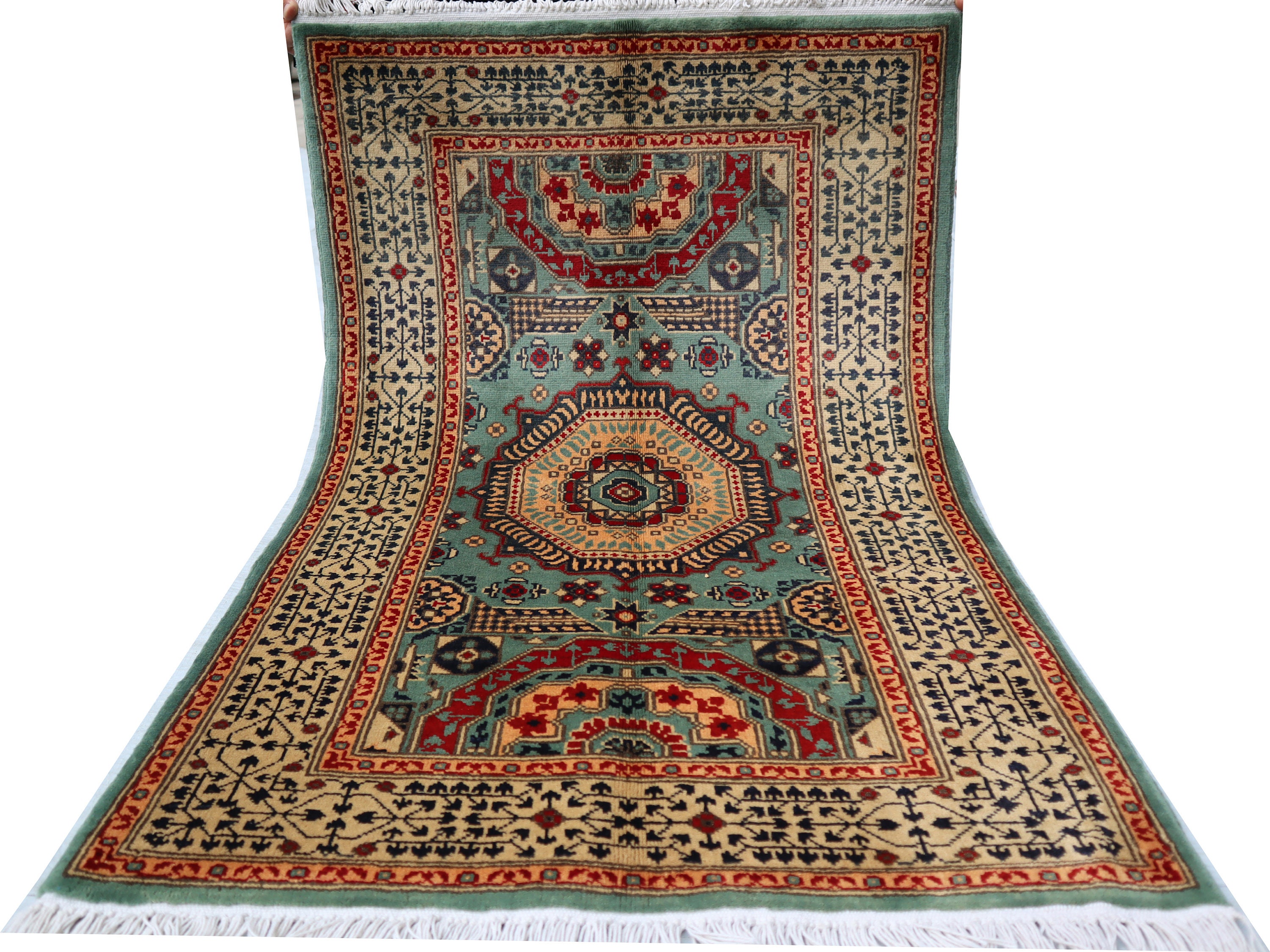2x4 Ft Blue Beige Afghan Mamluk Rug, Handmade Tribal Small