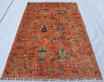 Handgeknüpfter orangefarbener afghanischer Teppich: Chobi Wollteppich 4x6