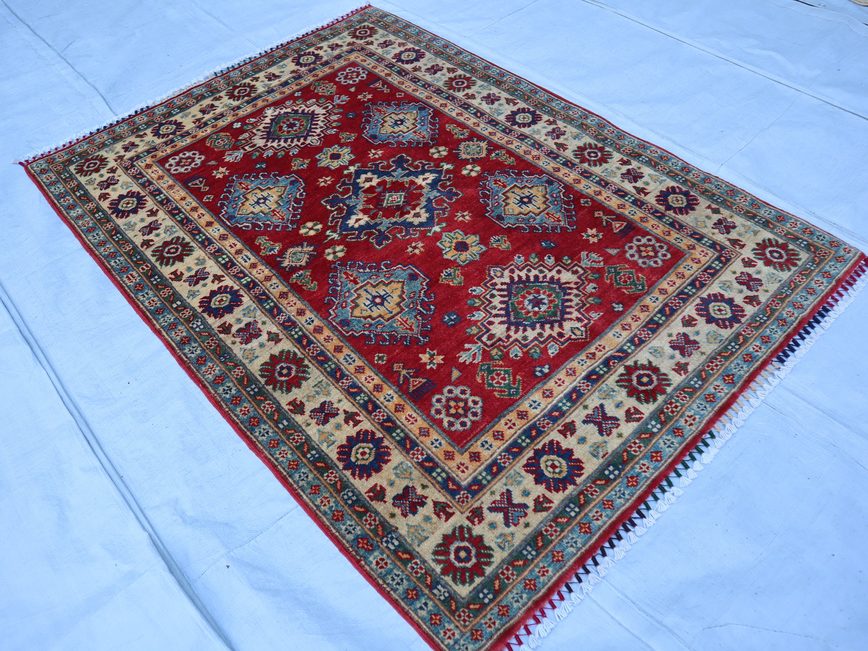 Afghhani Rug Making 4x5 Red Traditional Rug, Primitive Pattern Afghan Handmade Wool Rug ...