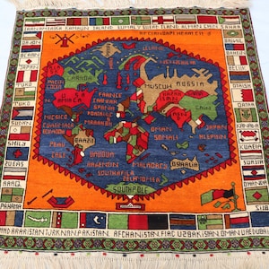 Alfombra con mapa del mundo pictórico afgano de 3 x 3 pulgadas, tejida a mano en color naranja y azul, hecha a mano, única alfombra cuadrada de lana para pared, sala de estar, dormitorio, biblioteca