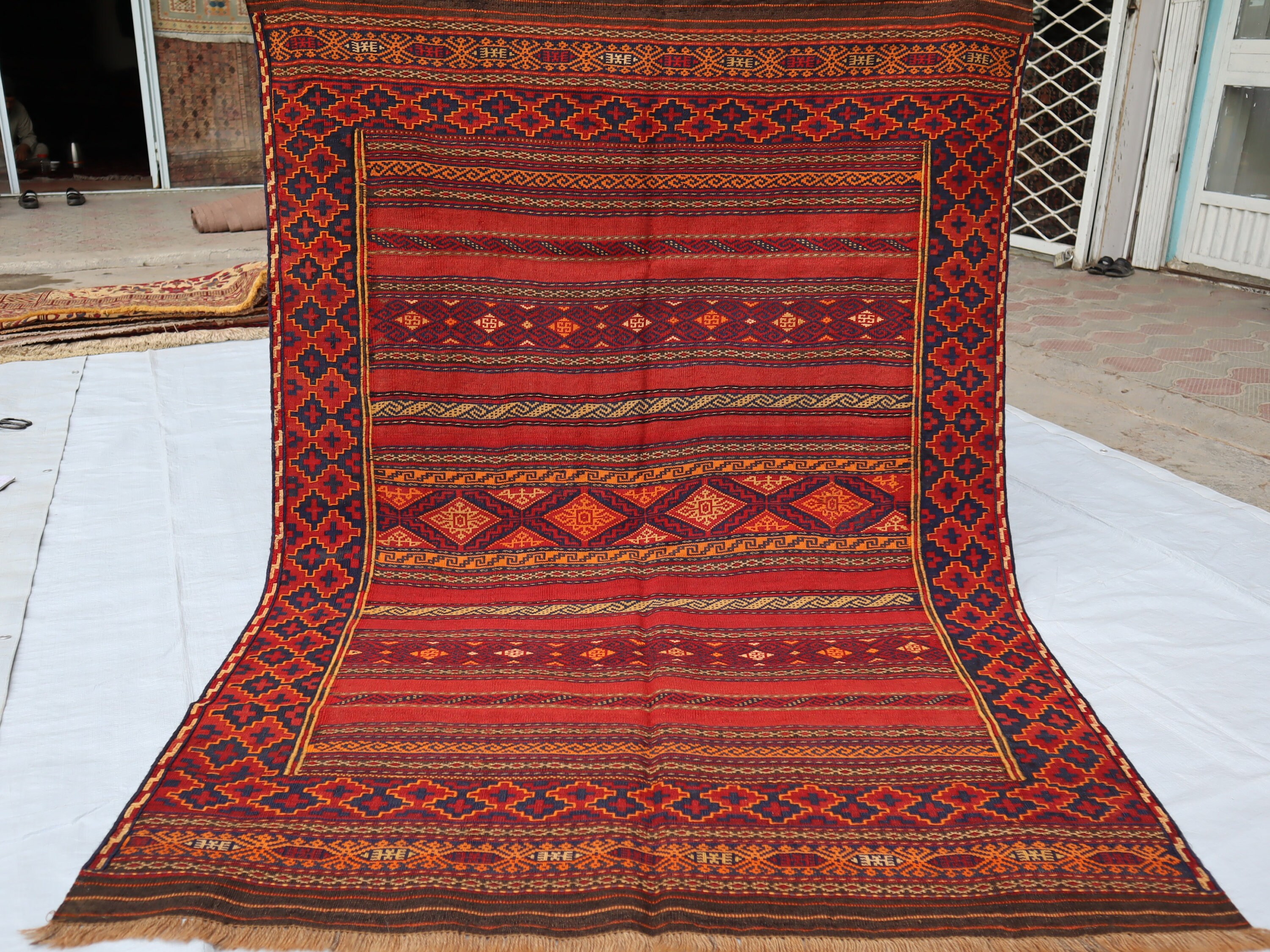 4 x 6フィートのアンティークキリムラグ、ヴィンテージ幾何学模様