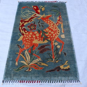 Blue Pictorial rug, hand-knotted rug, Deer Animal rug, Afghan handmade wool rugs for living room, bedroom Turkish carpet, wall hanging rug,