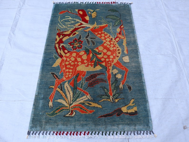 Blue Pictorial rug, hand-knotted rug, Deer Animal rug, Afghan handmade wool rugs for living room, bedroom Turkish carpet, wall hanging rug,
