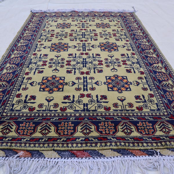 3x5 Fern Olive Green Rug, Hand Knotted Afghan Tribal Bukhara Rug Fine Turkmen Wool Vintage Pattern Oriental carpet, Small living room plants
