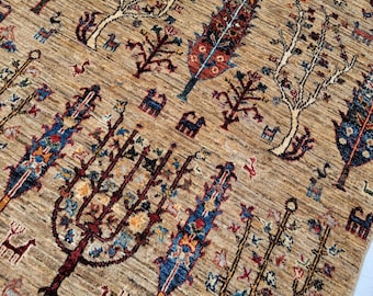 3x8 Afghan Pictorial rug runner, Hand knotted Beige Gray Animal tree plant runner, Wide Hallway runner, oriental chobi rug, Personalized rug
