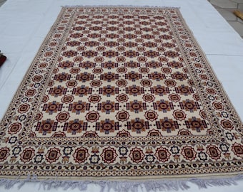 Alfombra de lana hecha a mano de 6x9, alfombra Bokhara anudada a mano, alfombra beige, alfombras color crema para dormitorio y sala de estar, alfombra de museo, alfombra gris oriental, regalo para el hogar