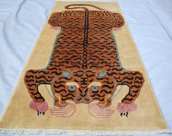 Soft Pictorial Tiger Rug 3x6, Afghan Handmade Gabbeh wool rug, Small Kids room Anime rug, Brown Beige rug, Gift Rugs for living room bedroom