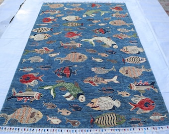 5x8 Blue Fish Gabbeh Rug, Hand-Knotted Afghan Wool Carpet