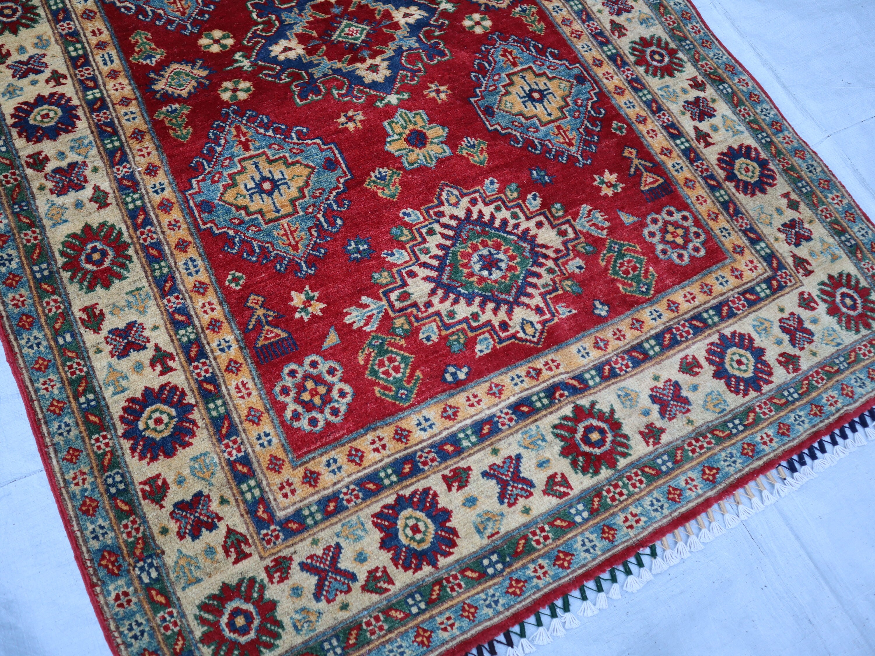Afghhani Rug Making 4x5 Red Traditional Rug, Primitive Pattern Afghan Handmade Wool Rug ...