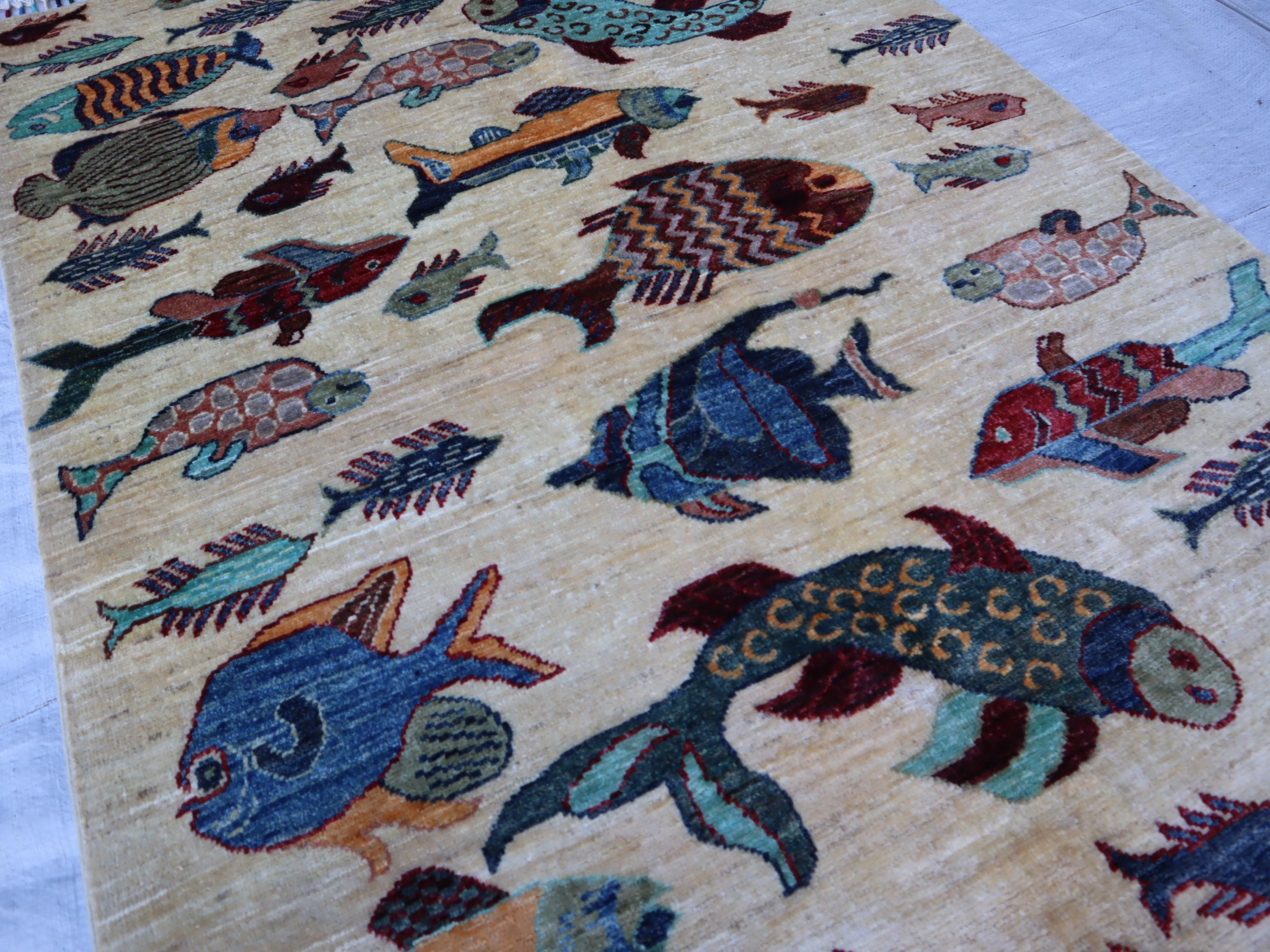 4x6 Fish Beige Rug, Afghan Hand Knotted Home & Livingroom, Bedroom Rugs ...