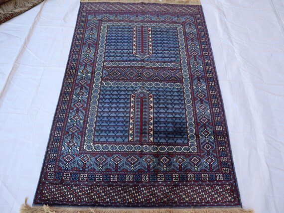 Afghan Silk Rug 3x5, Blue Tribal Handmade Turkmen Silk Carpet 