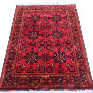 Red 3x5 ft Afghan Hand knotted Wool rug, Turkmen Tribal Bukhara rug, Area Khal Muhammadi rug, Bedroom, Kitchen, Door mat, Office carpet