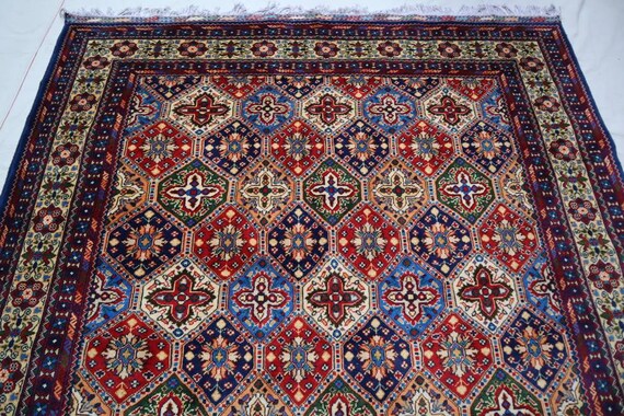 6x9 Afghan Handmade rug, Colorful Home Decorative Tiles Cross Design New Floor Carpet Pairs, Turkmen Large High Pile Soft Wool Area Rug.AM64