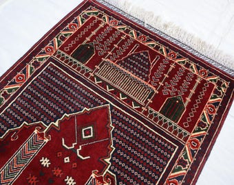 赤いウールラグ 手織り 2x4 アフガニスタン高級祈祷用ラグ、トルクメン手織りウールラグ、東洋