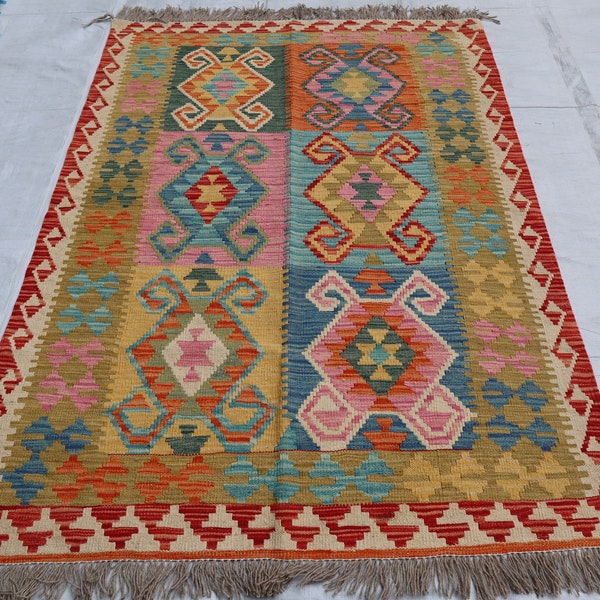 4.2X5.11 Afghan Rug, Kilim Rug, Flatweave Rug, Maimana Tribal Rug, Turkmen Rug, Oriental rug, Vintage rug, Rug for Bedroom, Office, Kitchen.