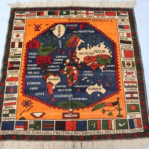 Alfombra de mapa del mundo afgano vintage de 3 x 3 pulgadas, decoración de pared cuadrada educativa hecha a mano para la oficina, el hogar y los niños, alfombra de lana azul y amarilla para sala de estar con geografía