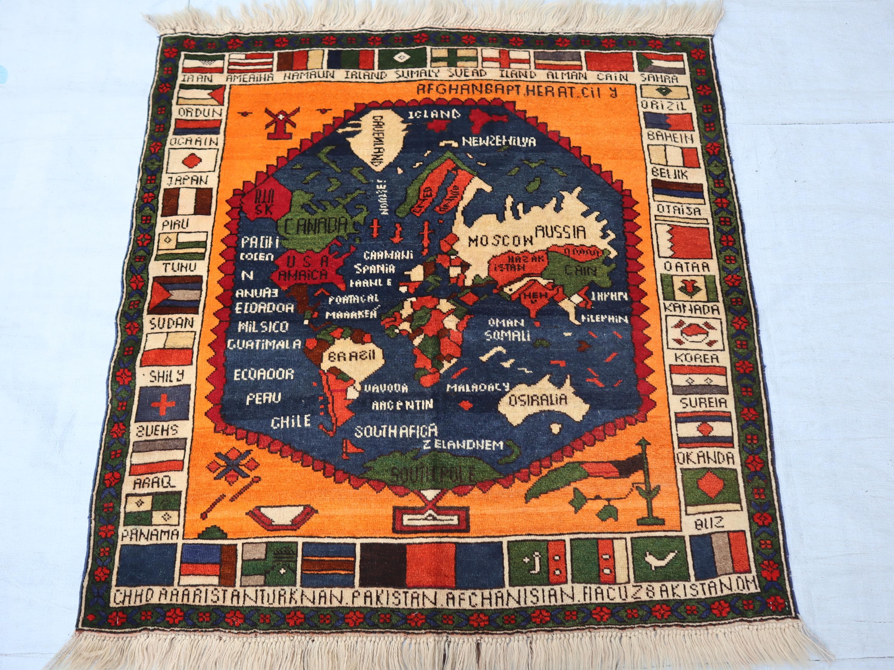 Vintage Afghan World Map Rug 3x3, Handmade Education Square Wall Decor ...