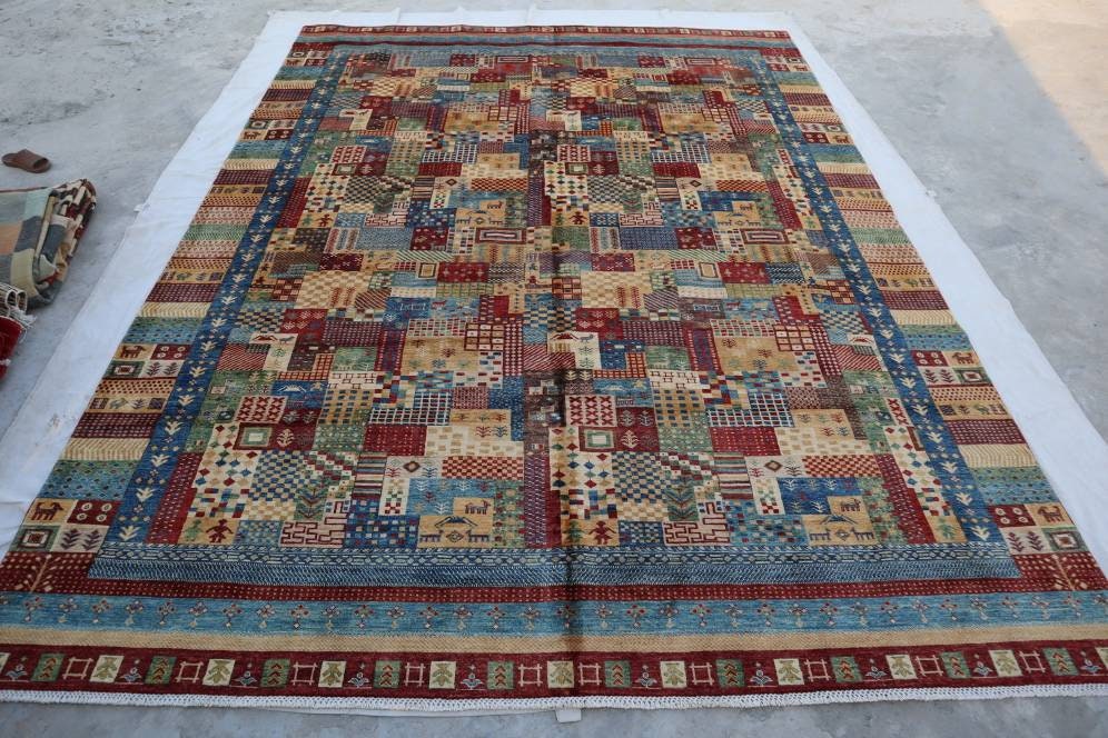 9x13アフガニスタン絵画ラグ、ギャッベパッチワークラグ、青赤