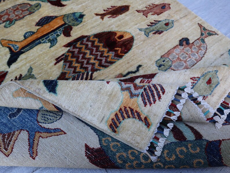 4x6 Fish Beige Rug, Afghan Hand Knotted Home & Livingroom, Bedroom Rugs ...