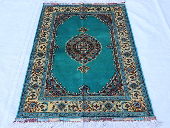 3x4 Blue Turquoise Aesthetic Area Rug, Afghan Handmade Rug, Small