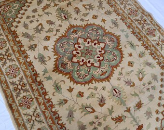 Tappeto 4x6 Beige Moss Heriz, annodato a mano afghano, tappeto medaglione in lana naturale medaglione, tappeto da camera orientale, tappeto unico per soggiorno