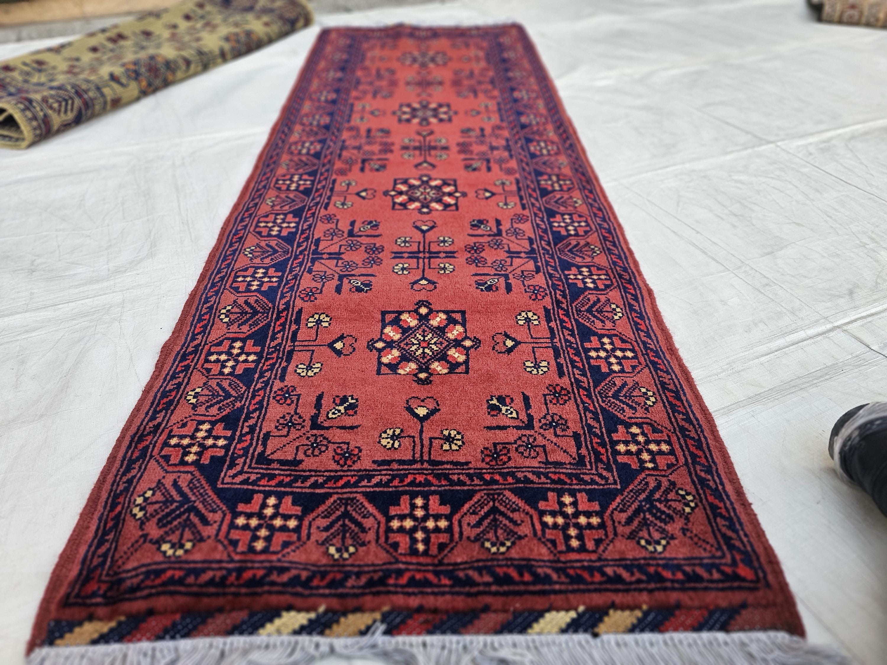 Hand-knotted Afghan Runner Rug, Terracotta Red Blue Wool, Vintage