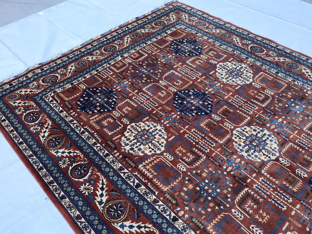 Buckle Rug 7x10 Handmade Tribal Bukhara Rug, Brown Red Beige Wool Soft Pile Rug ...