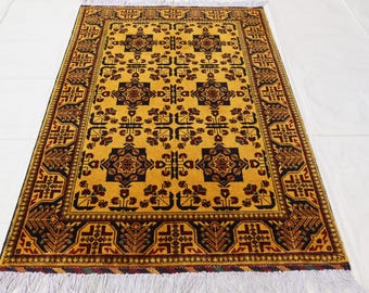 Handmade 4x6 Turkmen Gabbeh Bukhara rug, Nature dyes Afghan Tribal, Yellow Turquoise Blue, living room bedroom, New home gift art decor 3x5