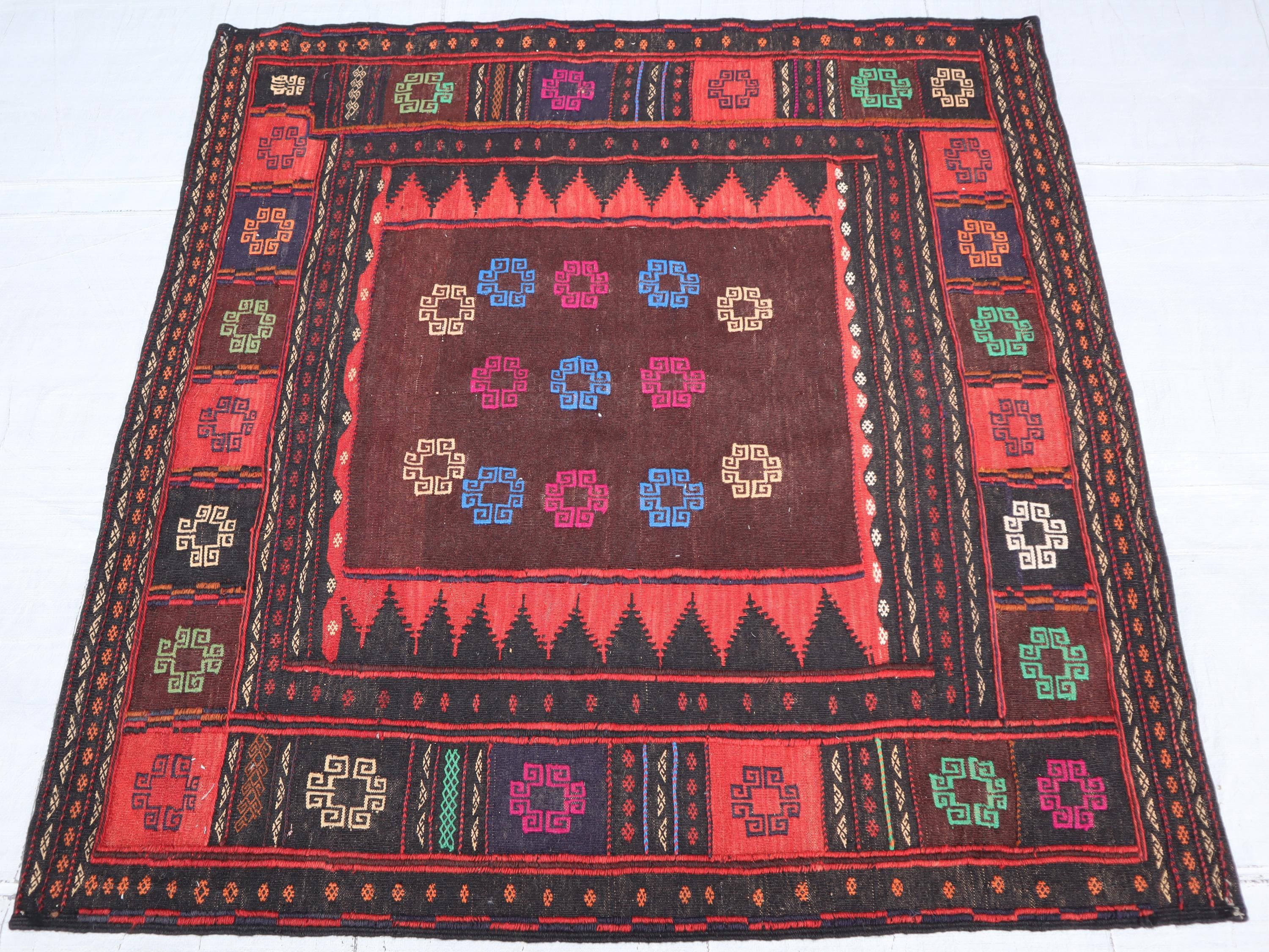 Vintage 4x4 Square Kilim Rug, Antique Afghan Hand Knotted Rug