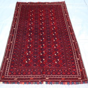 Afghan Bukhara rug 3x5, Turkmen Hand-Knotted rug, Afghan High Pile Red Blue Vintage Carpet In Excellent Condition Tribal Rug, Oriental Rug