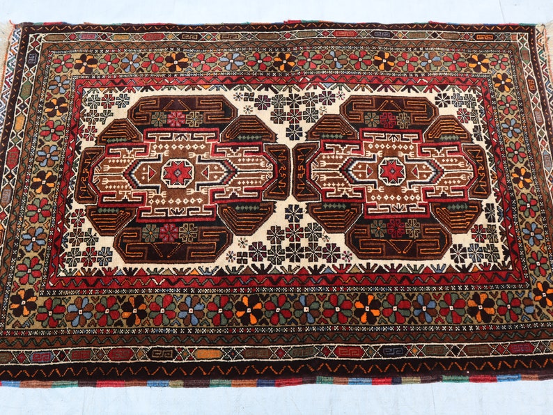 2 x 4 fot antik matta, afghansk handknuten ullmatta, turkmensk 3x5 vintagematta, heminredningsmatta, tribal orientalisk matta, sovrums-vardagsrumsmatta bild 6