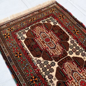 2 x 4 fot antik matta, afghansk handknuten ullmatta, turkmensk 3x5 vintagematta, heminredningsmatta, tribal orientalisk matta, sovrums-vardagsrumsmatta bild 3