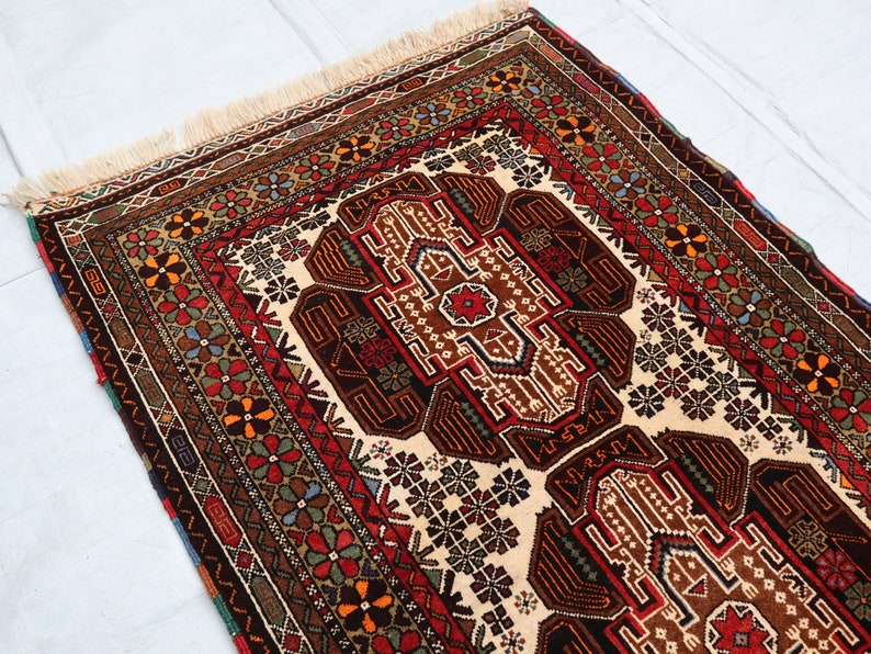 2 x 4 fot antik matta, afghansk handknuten ullmatta, turkmensk 3x5 vintagematta, heminredningsmatta, tribal orientalisk matta, sovrums-vardagsrumsmatta bild 3