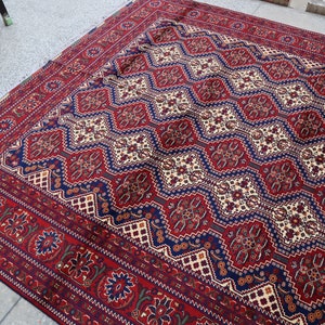 Large Oriental rug 8x11, Vintage Red blue beige Bokhara Rug, Handmade Rugs, Afghan Tribal Turkmen Rug, Living room carpet Soft pile rug 8x10