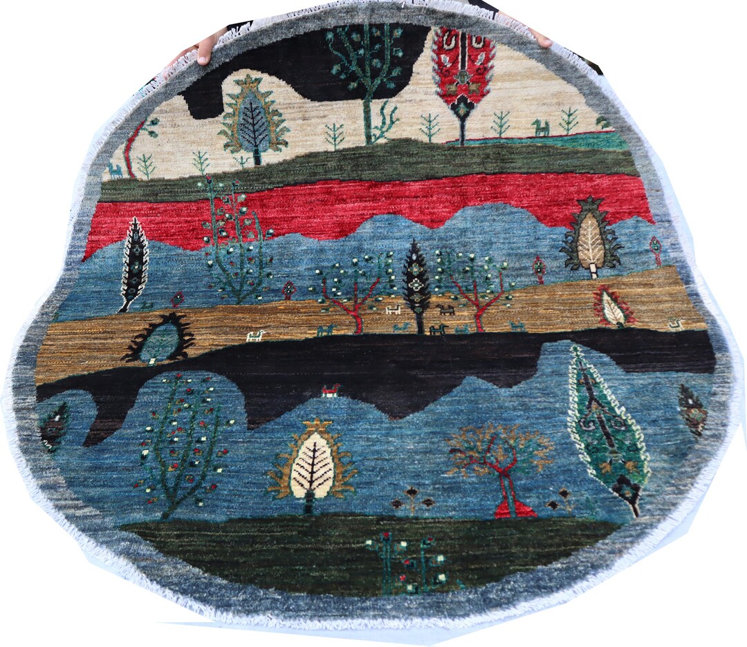 4x4 Small Round Rug, Handwoven Modern Blue Black Red Pictorial Rug ...
