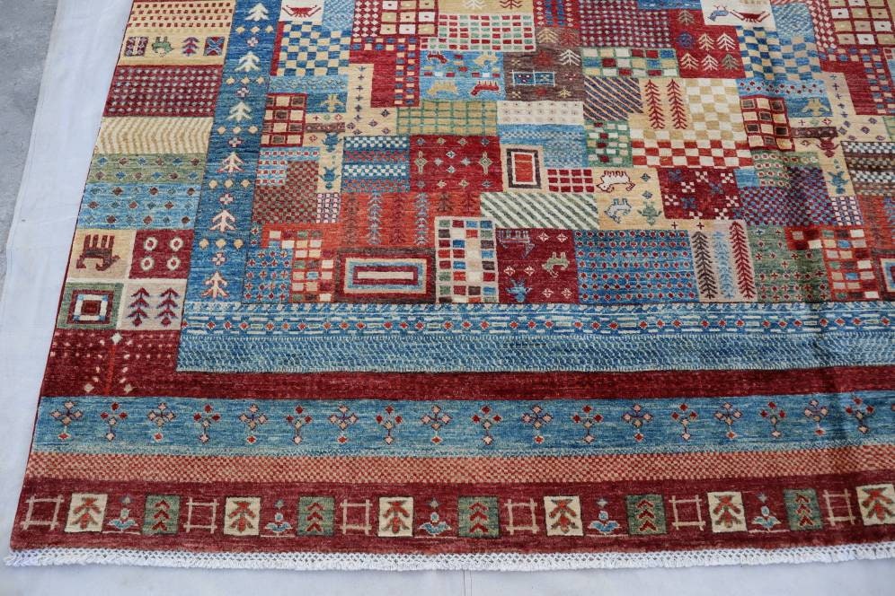 9x13アフガニスタン絵画ラグ、ギャッベパッチワークラグ、青赤