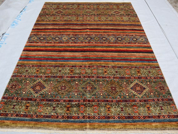 5x8 Afghan Colorful Area rug, Handmade Wool Area Striped, Tribal Khorjin, red Blue Orange Green blue, Rustic Living room, Bedroom, Home gift