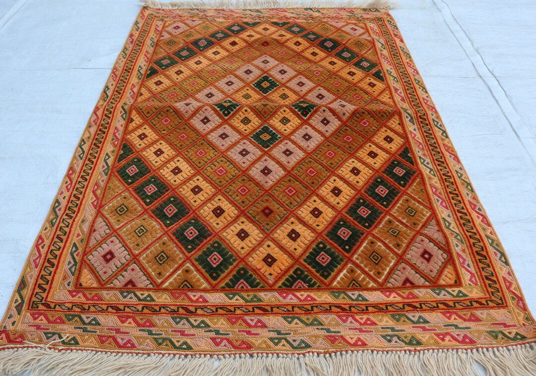 2x4 Exquisite Handwoven Gold Rug, Vintage Antique Wool Rug, Checkered ...