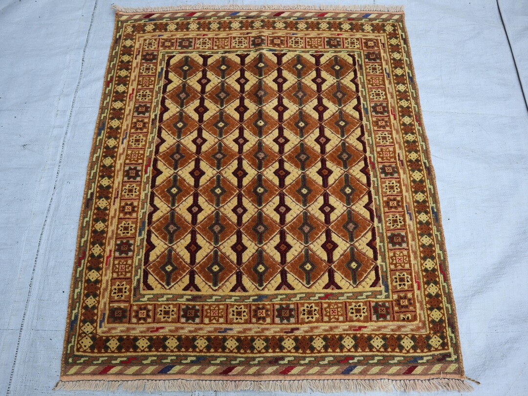 3x3 Beige Terracotta Rug, Afghan Handmade Small Square Geometric Wool ...